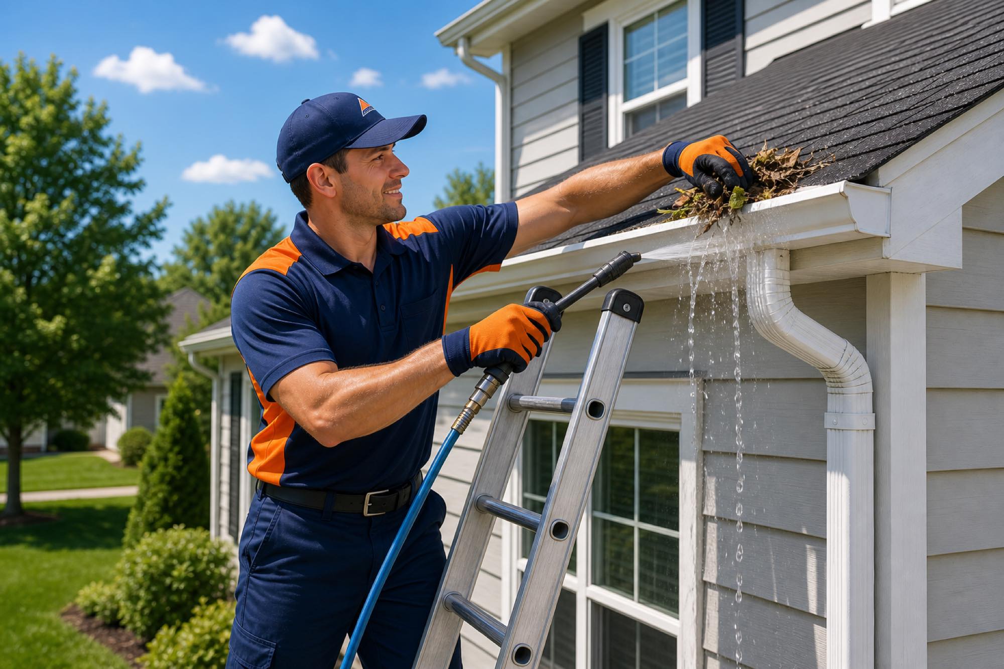 Peak Home Services technician clearing debris from a home's gutter