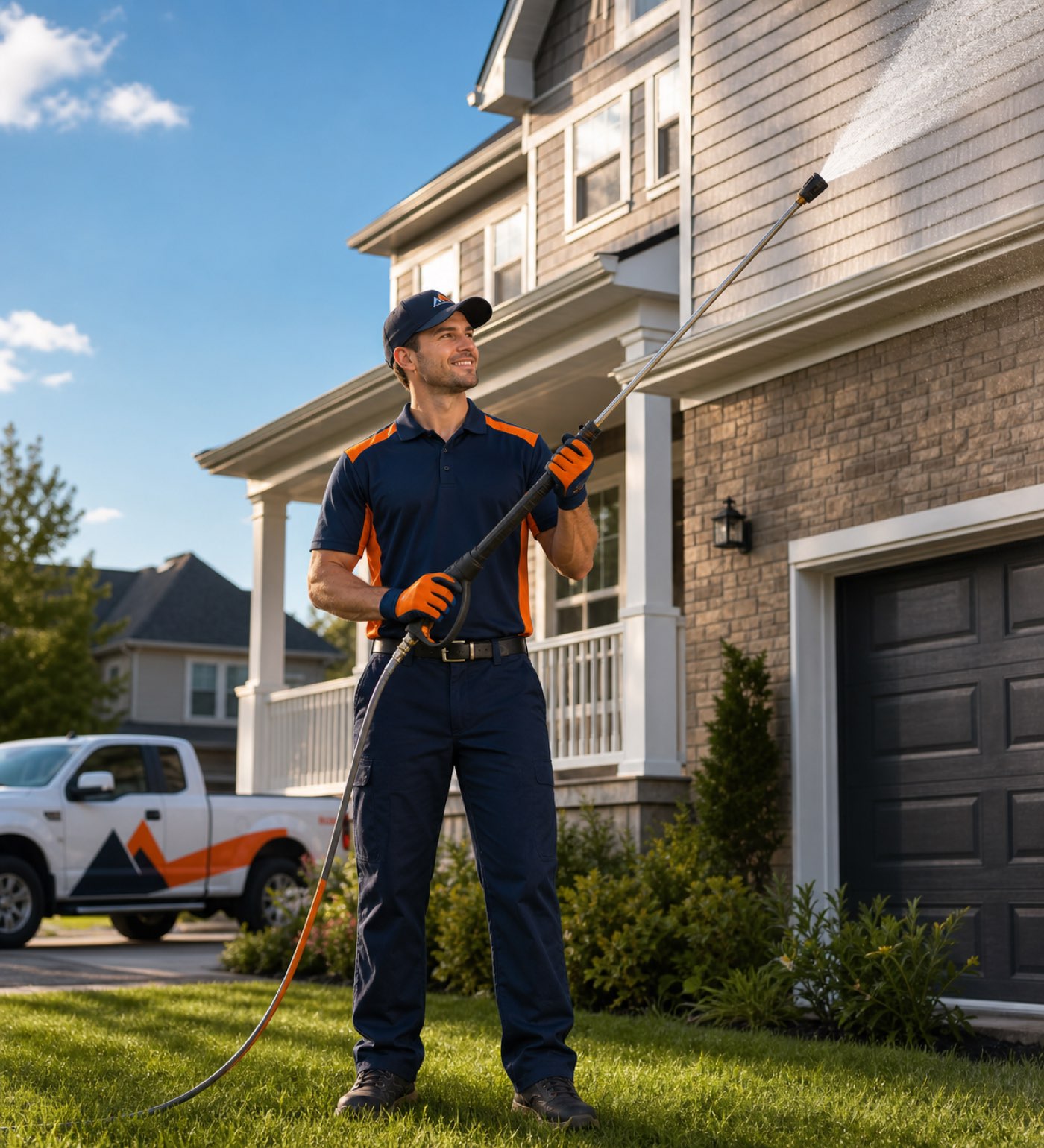 Peak Home Services technician soft-washing a two-story home, branded truck in the driveway