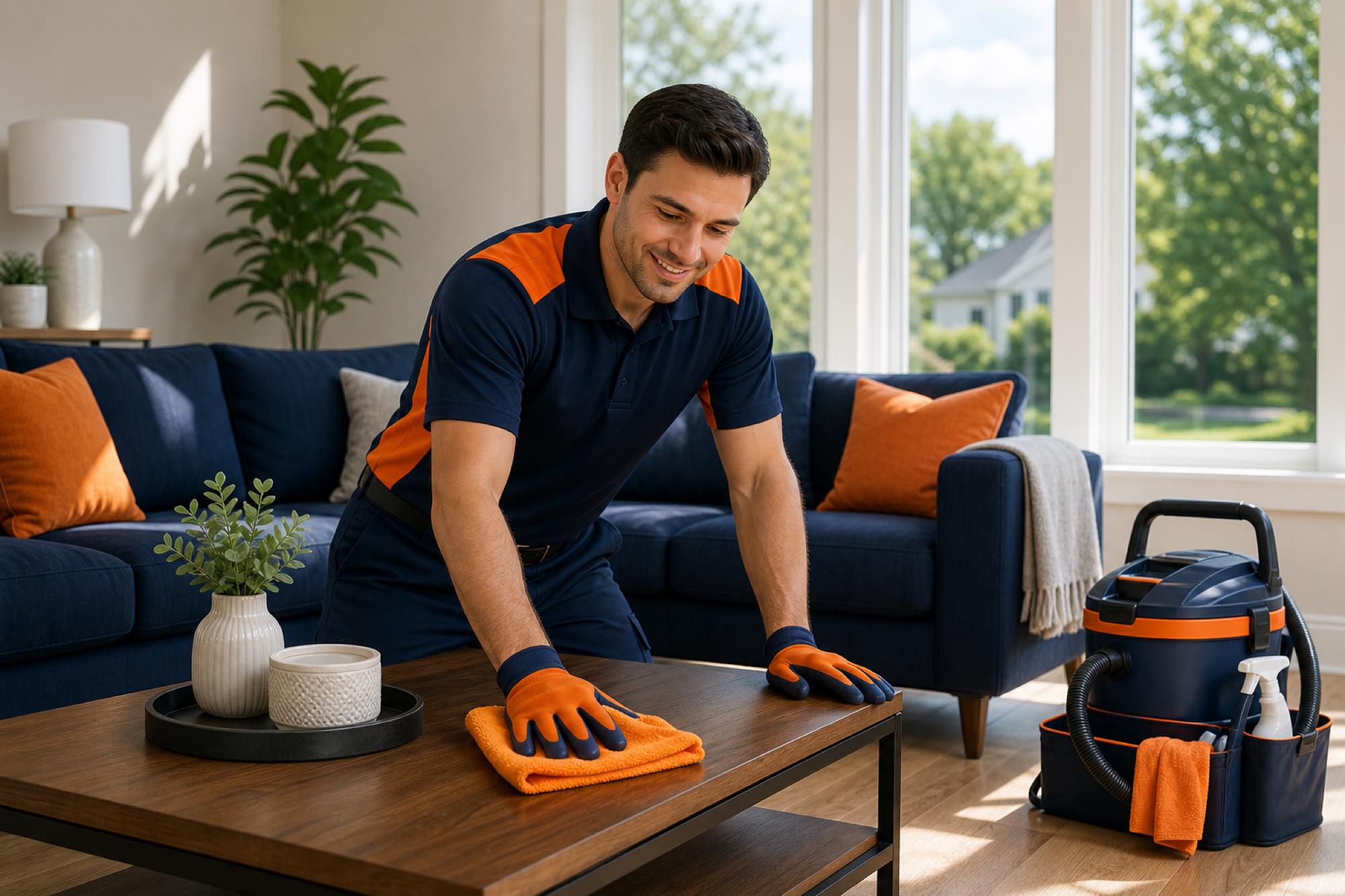 Peak Home Services technician deep-cleaning a bright living room